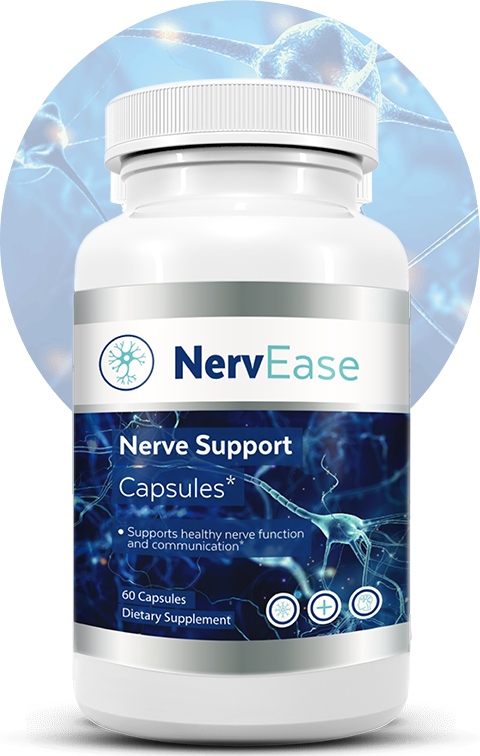 NervEase Nerve Support Capsules – single bottle with neural background
