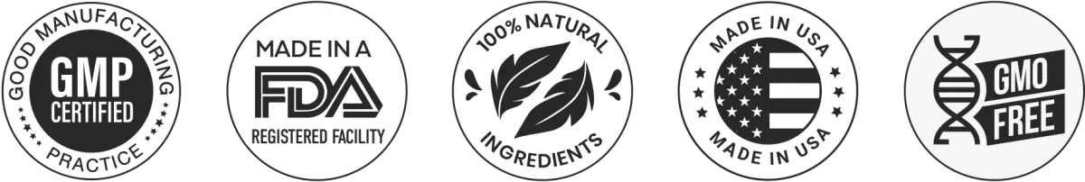 NervEase quality certifications: GMP Certified, FDA Registered Facility, 100% Natural Ingredients, Made in USA, GMO Free